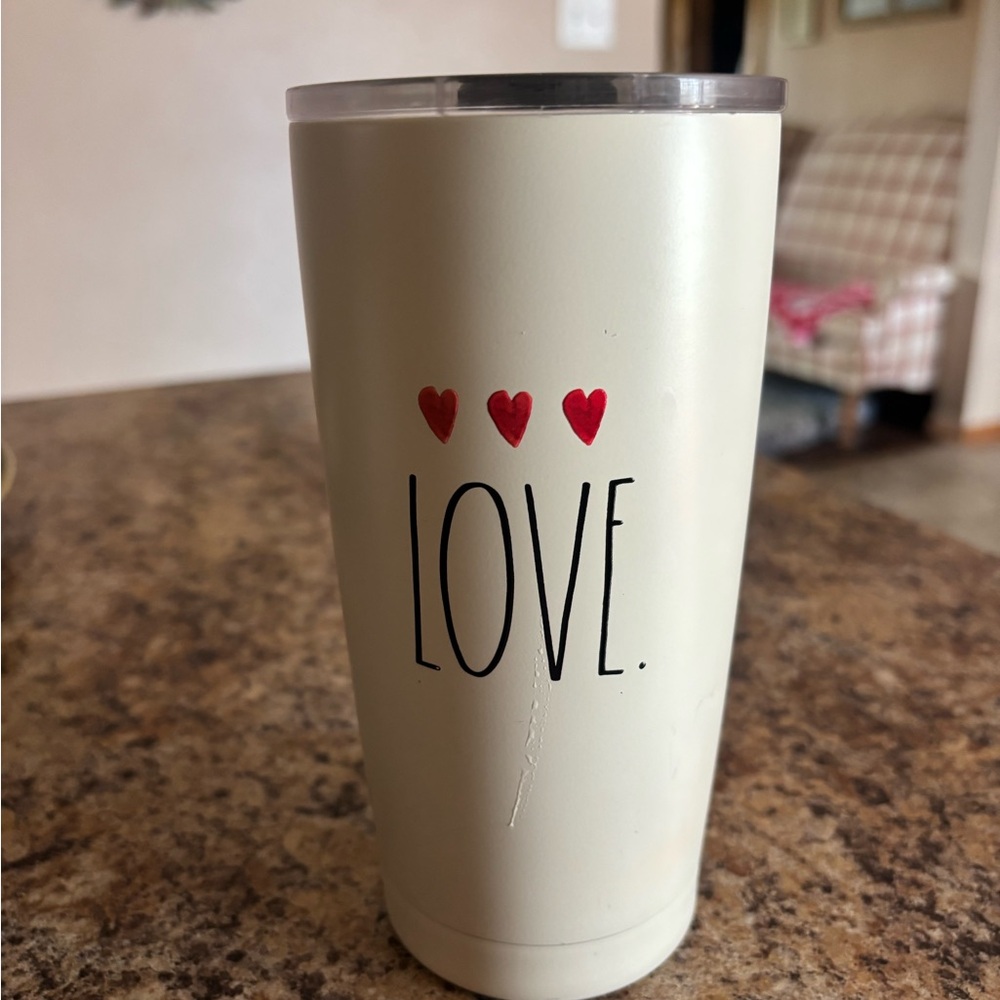 Rae Dunn LOVE Cream Stainless Travel Tumbler with Red Heart Accents